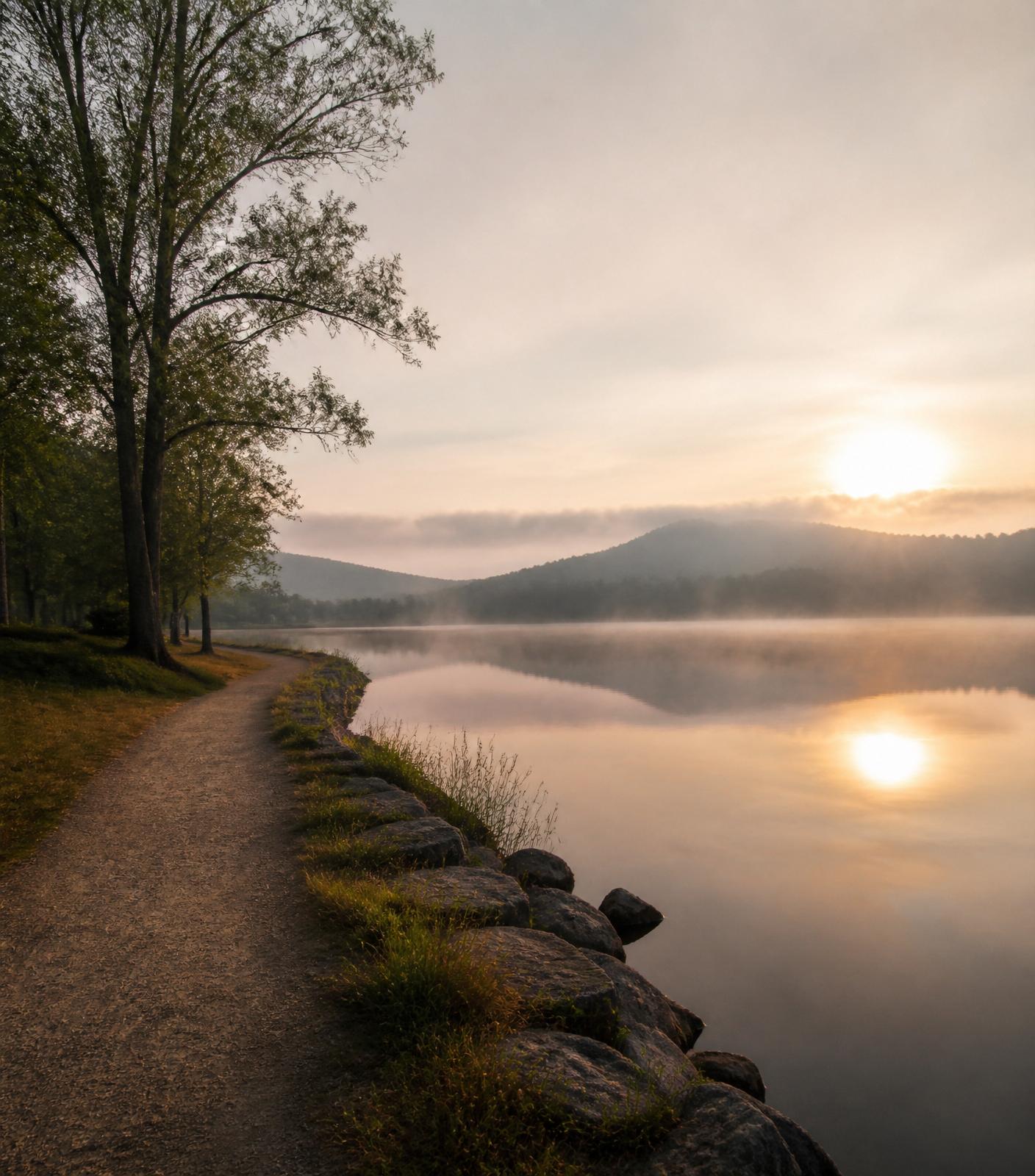 A quiet lakeside trail at sunrise