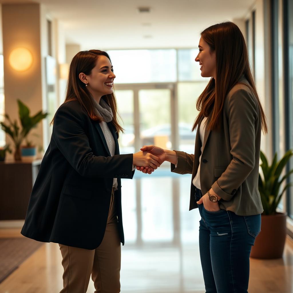 Two young professionals shaking hands in a bright modern office lobby