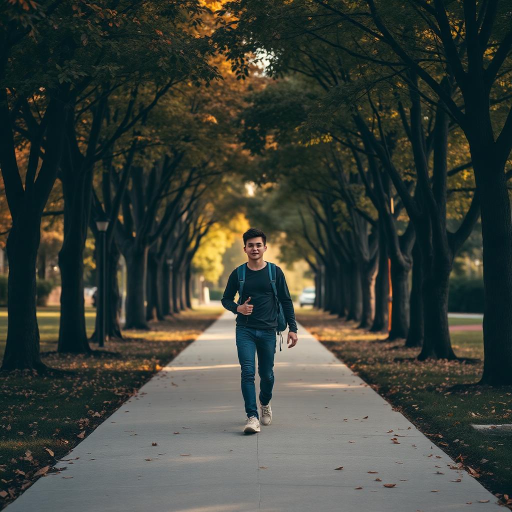 A student walking down a tree-lined campus pathway in autumn light
