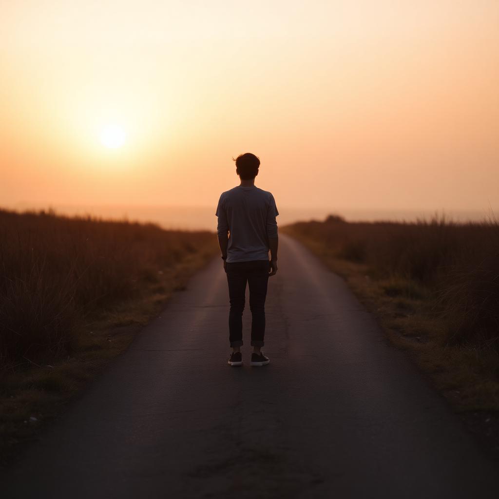 A person standing on a quiet road at sunrise, looking forward